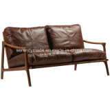 Vintage MID-Century 2 Seater Wood Frame Modern Brown Leather Sofa