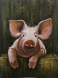 Handmade Canvas Farm Art Pink Pig Oil Paintings for Wall Decor