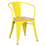 Simple Design Waterproof Metal Restaurant Dining Chair with Armrest and Wood Seat Cushion