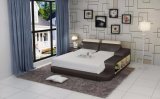 European Style Queen Size Leather Bed with Bedside Table