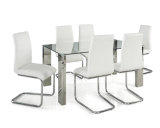 Clear Glass Dining Table with White Leather Chairs (DT072)