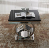 Mercedes Shape Stainless Steel Base Black Glass Top Side Table