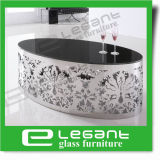 Oval Black Glass Coffee Table with Carved Stainless Steel Support