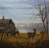 Handmade Nordic Art Canvas Painting Deer and Barn House for Wall Decor