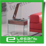 Curved Glass Night Table with Walnut Wood Veneer Drawers
