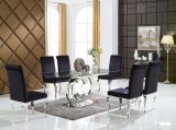 Modern Furniture Dining Room Set Metal Clear Glass Table with Two C Circles Chrome Base
