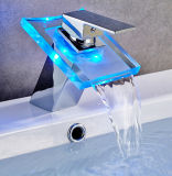 Bathroom LED Waterfall Temperature Control Discolour Glass Washbasin Faucet
