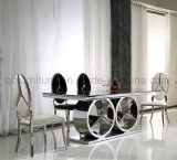 Mercedes Shape Stainless Steel Base Black Glass Top Dining Table