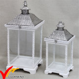 S/2 White Antique Vintage Distressed Wooden Candle Lantern with Metal Top for Wedding Decor