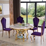 Stainless Steel Round Golden Marble Top Dining Table and Dining Chairs