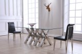 Fashionable 12mm Glass Dining Table with Silver Stainless Steel Base