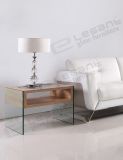 Oval Tempered Glass Side Table in Ashtree Veneer Drawers