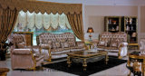 0061 Solid Wood Hand Carved Painting Dark Color with Golden Decoration Classical Fabric Sofa
