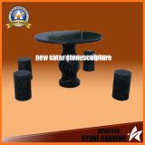 Black Granite Carving Round Table with Four Round Benches