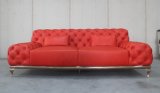 Luxury Red Button Full Grain Leather Three Seats Sofa