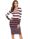 Women Slim Fit Long Sleeve Striped Maxi Knitwear Sweater Dress