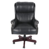 Black Leather Upholstered Swivel Chair with Wooden Frame