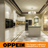 Oppein White Wood Veneer Lacquer Finish Kitchen Cabinet with Island
