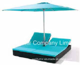 Patio Double Rattan Sun Lounger with Unbrella, Blue Cushion, Garden Furniture, Wicker Chaise Lounge,
