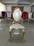 Foshan Oval High Back Gold Titanium Stainless Steel White Leather Dining Chair with Crystal Pulling Buckles for Wedding Events Banquet