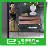 Curved Glass Console Table with Walnut Wood Veneer Drawers
