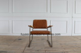 Oak Wood Armrest with Distressed Old Stainless Steel Frameand Vintage Brown Leather Chair