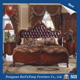 B268 Ruifuxiang Brown Leather Bed with Hand Carved Pattern
