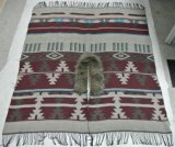 Aztec Striped Blanket Wrap with Faux Fur Collar and Fringe