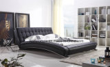 Modern Wave Genuine Leather Bedroom Bed with Wooden Frame