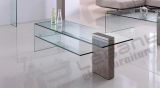 Curved Clear Glass Top TV Stand with Veneer Wood Leg