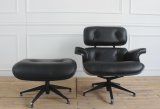 Wood Back Genuine Black Leather Leisure Lounge Chair with Ottoman