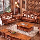 Classical Leather Sofa with Wood Cabinets for Living Room Furniture