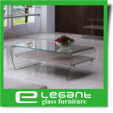Clear Bent Glass Coffee Table with Chou-Heung Wood Veneer Shelf