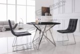 Round Grey Tempered Glass Dining Table on Polished Stainless Steel Base