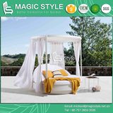 White Wicker Round Daybed with Cushion Outdoor Weaving Sunbed with Curtains Patio Rattan Daybed Deck Sun Bed Garden Round Daybed Kd Wicker Daybed