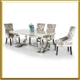 Hot Modern Stainless Steel Chrome Circle Base Glass Marble Dining Table Set with Grey Crushed Velvet Chair