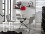Modern Round Glass Top Dining Table Stainless Steel Cross Legs and 4 Velvet Chairs