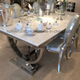 Modern Cream Marble Chrome Dining Table with U-Shaped Legs and Snake Dining Chair