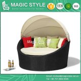 Round Wicker Daybed with Umbrella Garden Sunbed Beach Daybed Leisure Daybed Chaise Sunbed (Magic Style)