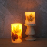 Flameless Wax LED Pillar Candle with Maple Leaves Decor, Autumn Theme