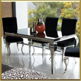 Modern Dining Room Furniture / Metal Contemporary Home Furniture for Dining Room / Glass Stainless Steel Louis Dining Table Set with Velvet Fabric Chairs