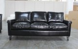 Top Grain Black Leather Three Seat Chesterfield Sofa