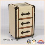 Antique Furniture 3-Drawers Linen Tufted Brown Wood Cabinet with Wheels for Living Room