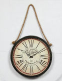 Antique Circular Black Metal Clock with Hanging Rope for Home Decor