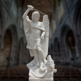 Religious Hand Carved Life Size White Marble Statue of St. Michael