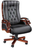 Black Genuine Leather Wood Office Manager Chair for Executive