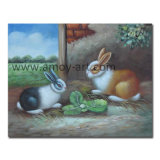 Handmade Animal Oil Paintings Two Rabbits on Canvas for Home Furniture