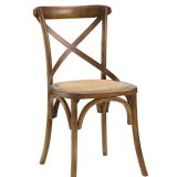 Modern Farmhouse Cross Back Solid Oak Wood Dining Side Chair with Rattan Seat in Walnut