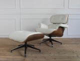 Wood Back Genuine White Leather Leisure Lounge Chair with Ottoman