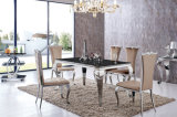 Modern Round Glass Steel Base 4 Chairs Dining Table Set